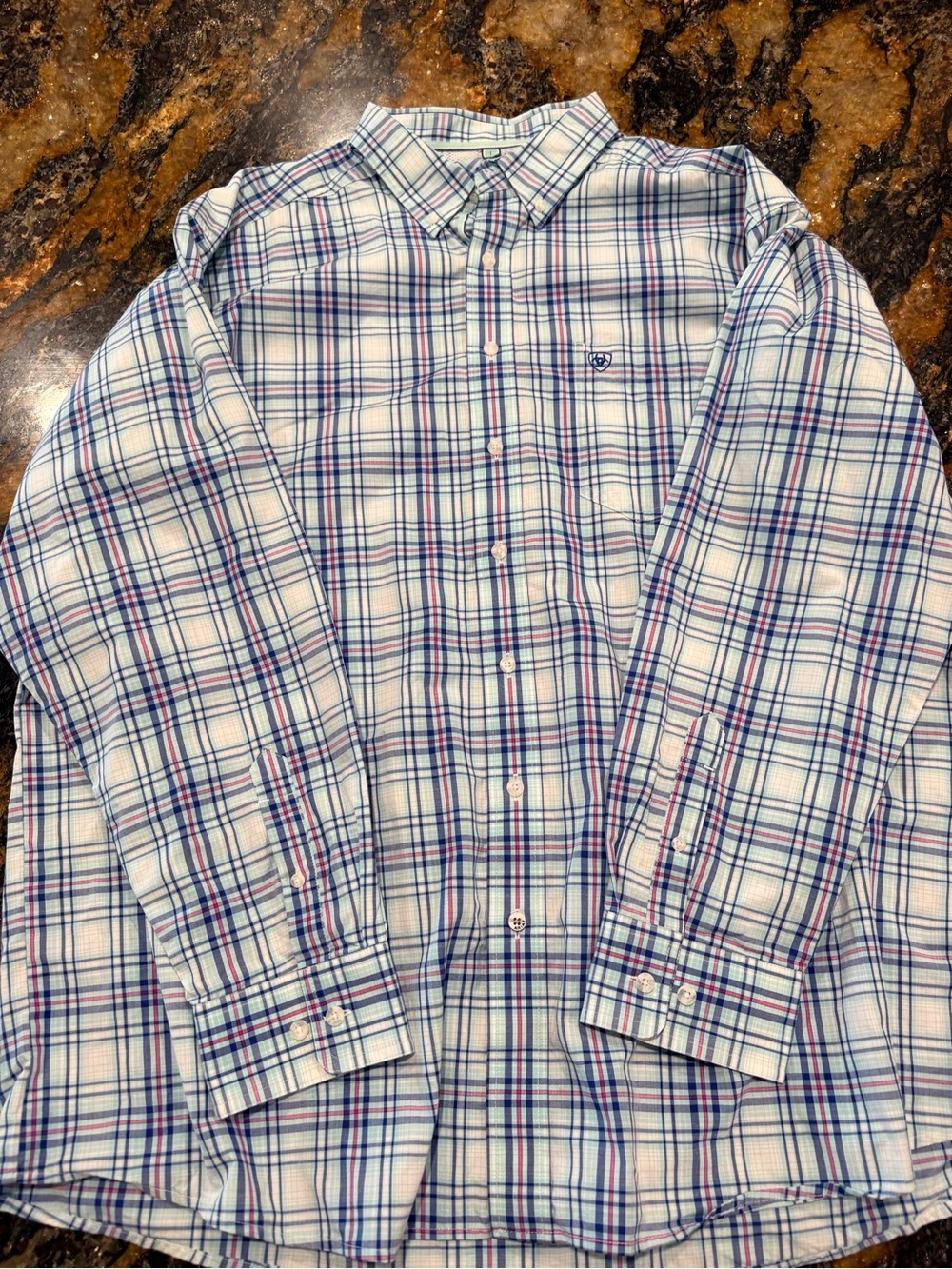 Ariat White Button-Down Shirt with Blue and Pink Plaid